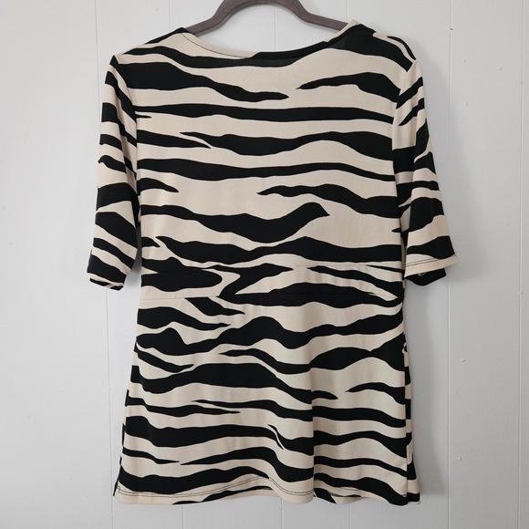 Womens Zebra Print Surplice Side Tie Blouse Tan Black Size Large Stretch - Picture 2 of 9
